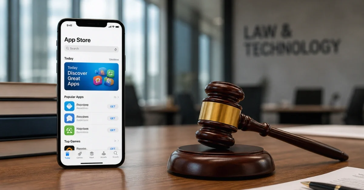 A modern smartphone displaying an app storefront positioned next to a wooden judge's gavel on a desk, representing the legal battle over digital marketplace policies.