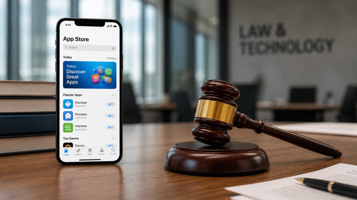 A modern smartphone displaying an app storefront positioned next to a wooden judge's gavel on a desk, representing the legal battle over digital marketplace policies.