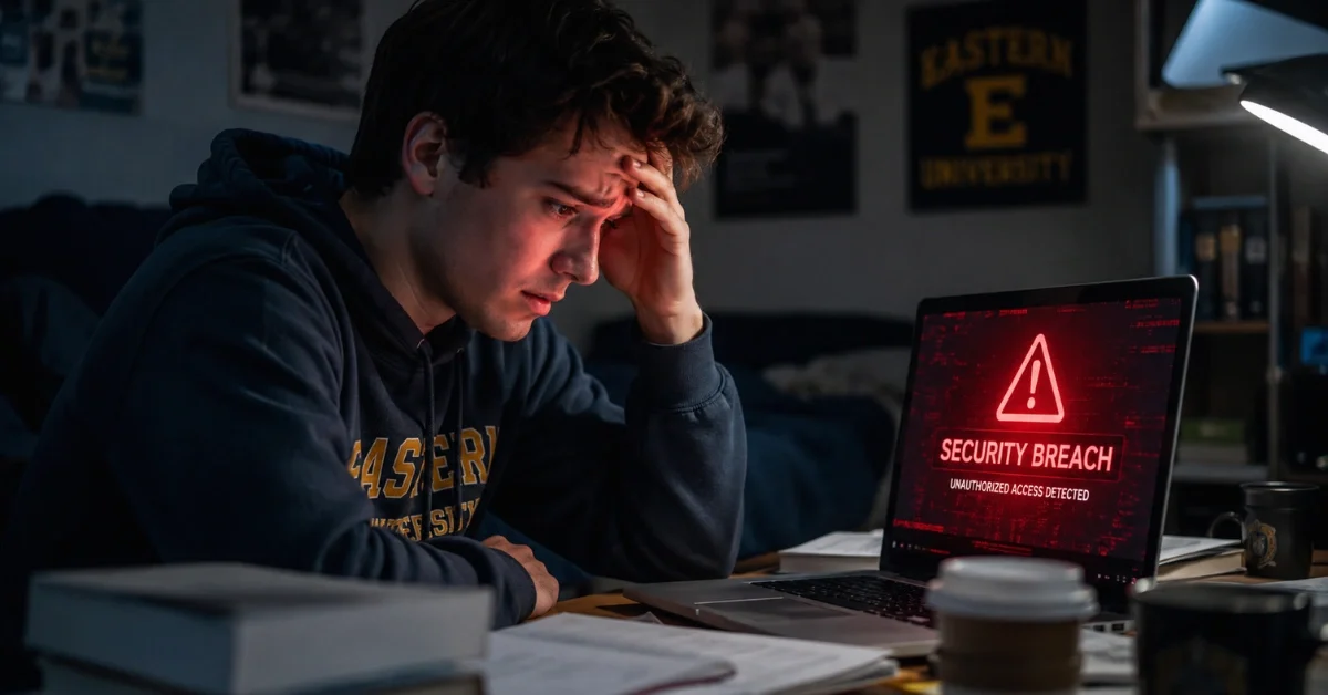 A stressed university student looks at a laptop screen displaying a red digital cybersecurity warning in a dimly lit room.