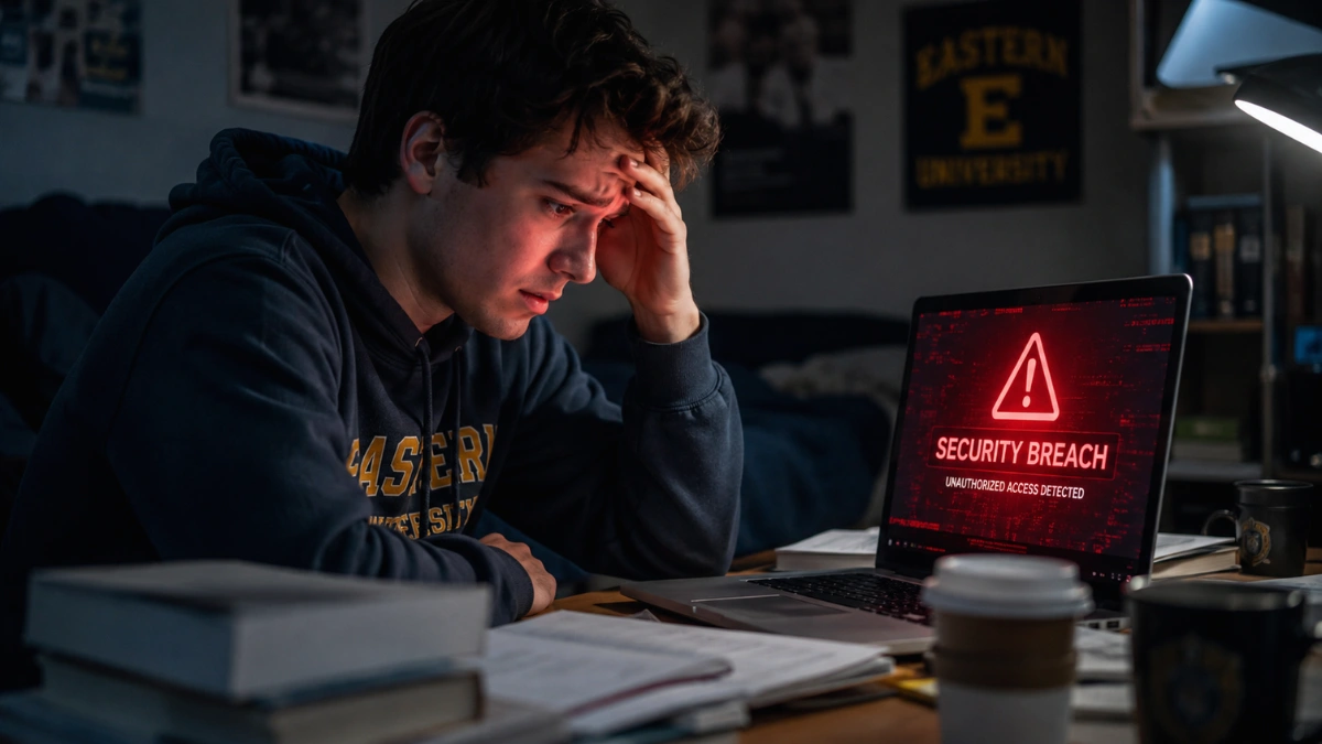 A stressed university student looks at a laptop screen displaying a red digital cybersecurity warning in a dimly lit room.