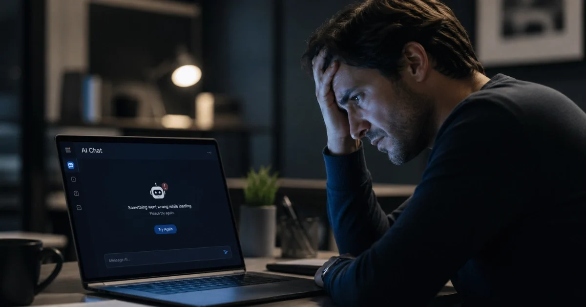 A frustrated professional is looking at a laptop screen displaying a server error message in a modern office setting.