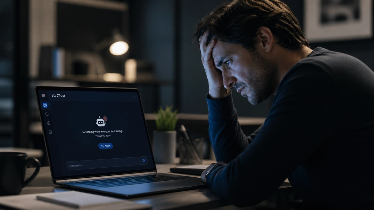 A frustrated professional is looking at a laptop screen displaying a server error message in a modern office setting.