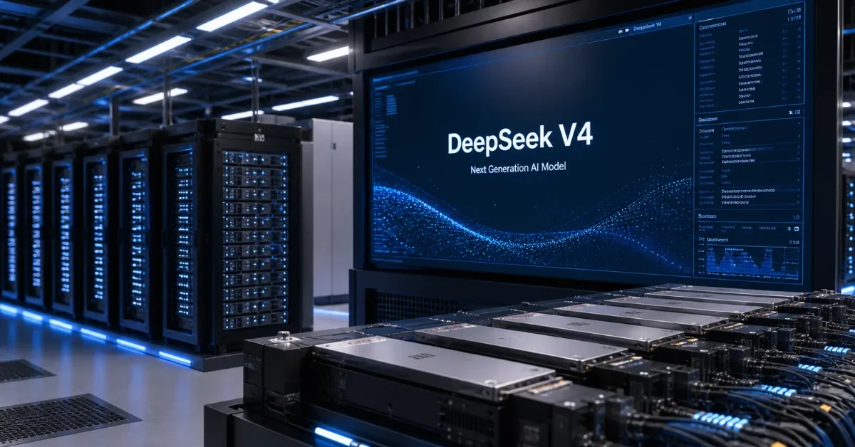 Hyper-realistic news-style image of a modern AI data center with server racks and a digital display labeled DeepSeek V4, shown in cool blue lighting.