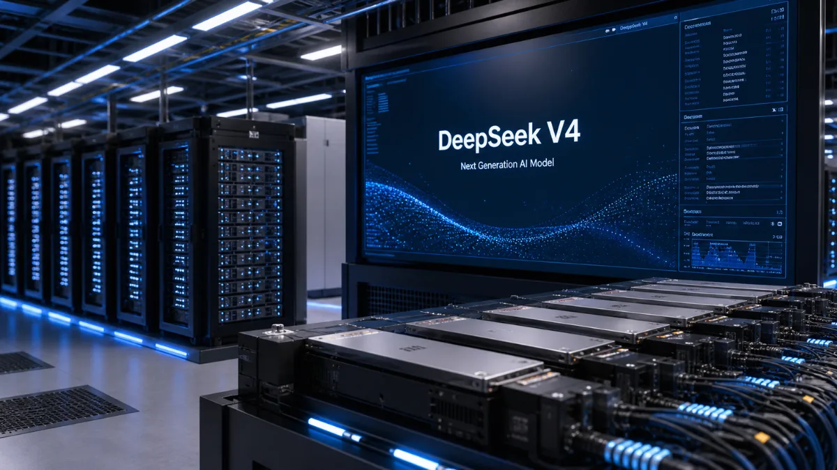 Hyper-realistic news-style image of a modern AI data center with server racks and a digital display labeled DeepSeek V4, shown in cool blue lighting.