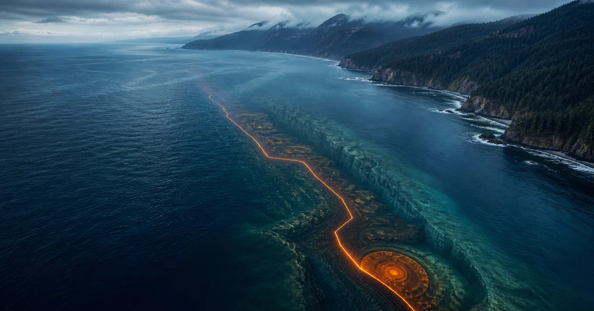 Aerial view of the Pacific Ocean off a forested coastline with a glowing geological fault line beneath the water representing the Cascadia subduction zone.