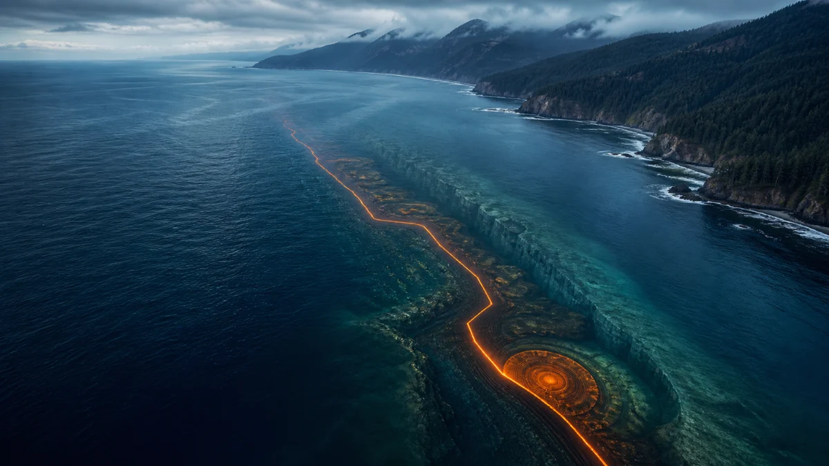 Aerial view of the Pacific Ocean off a forested coastline with a glowing geological fault line beneath the water representing the Cascadia subduction zone.
