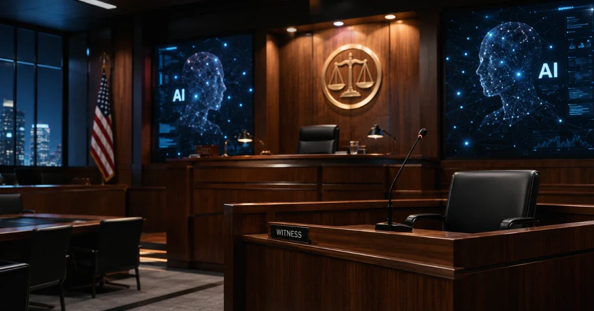 A dramatically lit modern corporate courtroom with futuristic technology elements, representing a high-stakes artificial intelligence legal trial.
