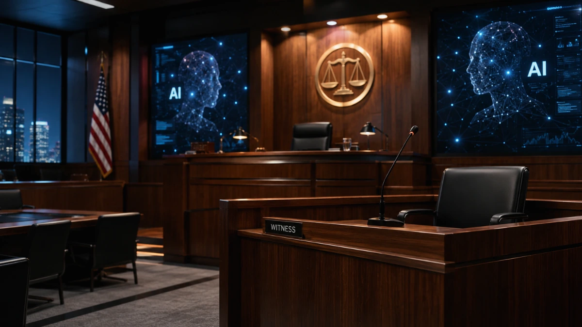 A dramatically lit modern corporate courtroom with futuristic technology elements, representing a high-stakes artificial intelligence legal trial.