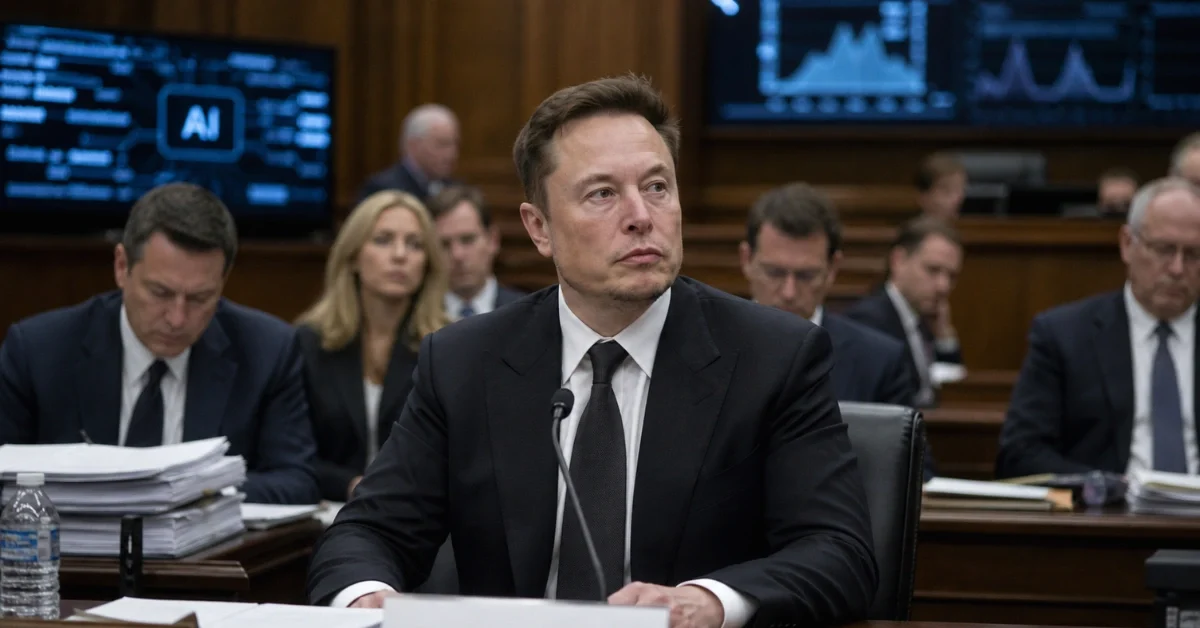 News-style image of Elon Musk seated in a courtroom during a legal dispute involving OpenAI.