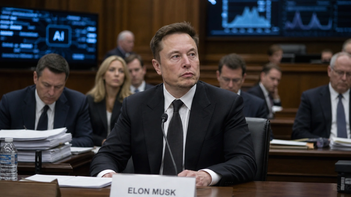 News-style image of Elon Musk seated in a courtroom during a legal dispute involving OpenAI.