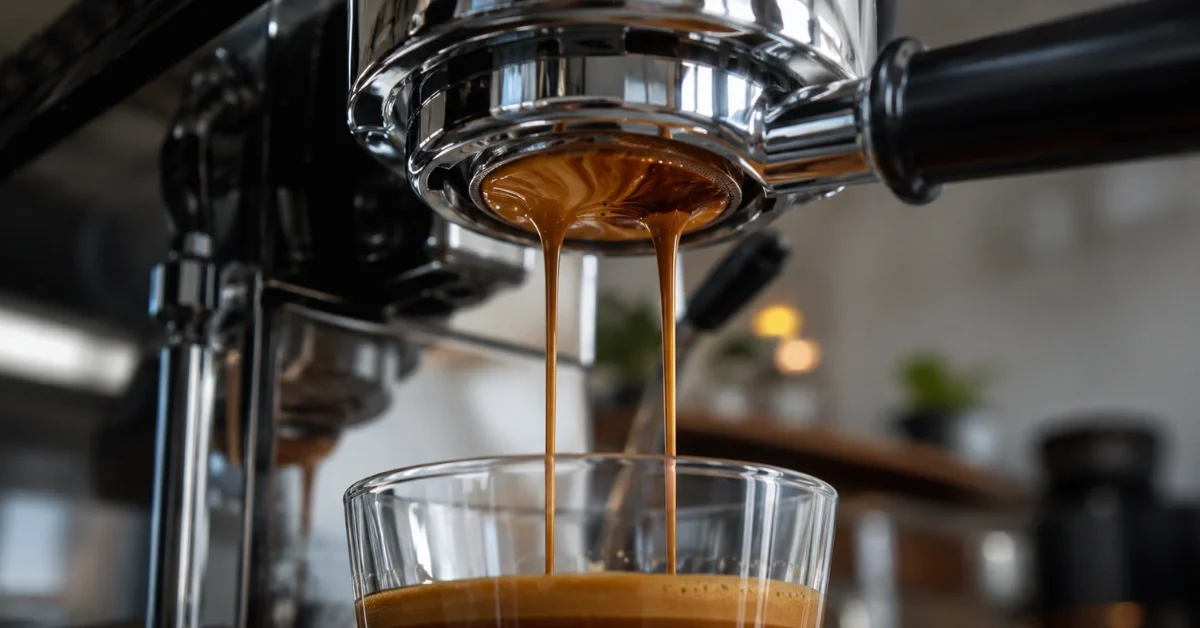 Close-up of a silver espresso machine extracting a fresh shot of coffee into a glass cup in a softly lit cafe setting.