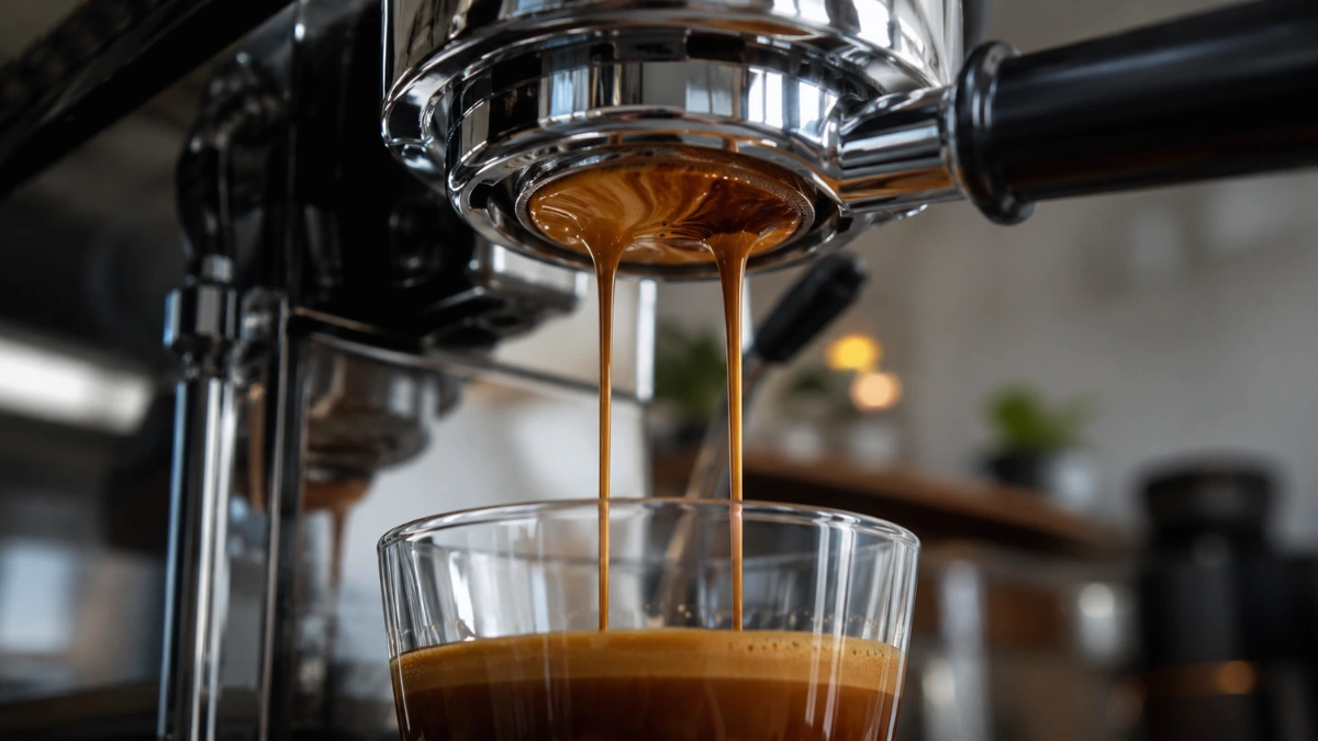 Close-up of a silver espresso machine extracting a fresh shot of coffee into a glass cup in a softly lit cafe setting.