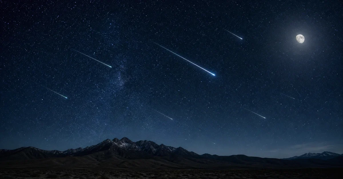 A glowing meteor streaks across a dark, star-filled night sky with a bright waning moon illuminating a remote natural landscape below.