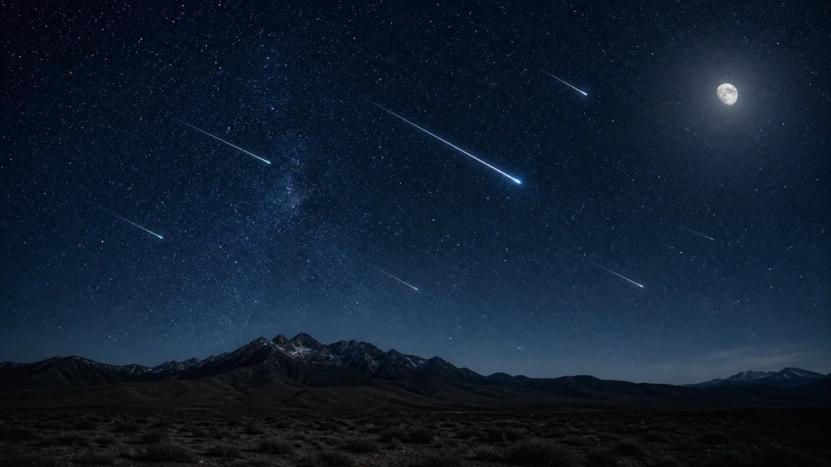 A glowing meteor streaks across a dark, star-filled night sky with a bright waning moon illuminating a remote natural landscape below.
