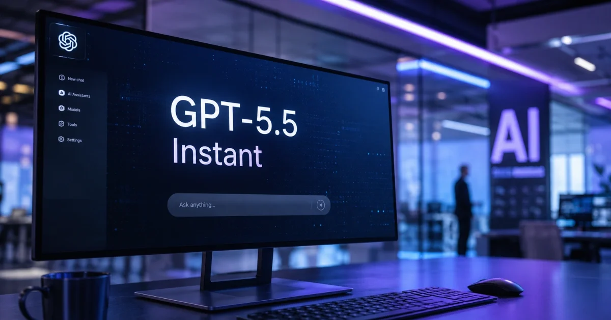 A glowing computer screen displaying the text GPT-5.5 Instant in a modern, high-tech office environment with soft blue and purple lighting.