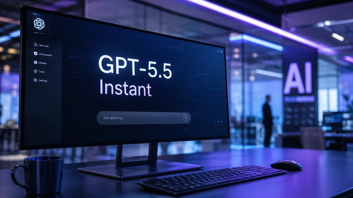 A glowing computer screen displaying the text GPT-5.5 Instant in a modern, high-tech office environment with soft blue and purple lighting.