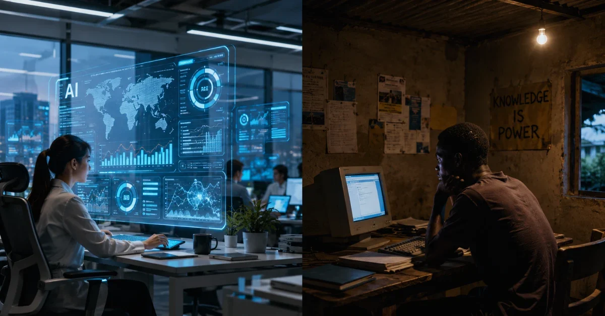 A split-screen illustration showing a high-tech modern office using advanced AI tools contrasted against an older, dimly lit workspace.