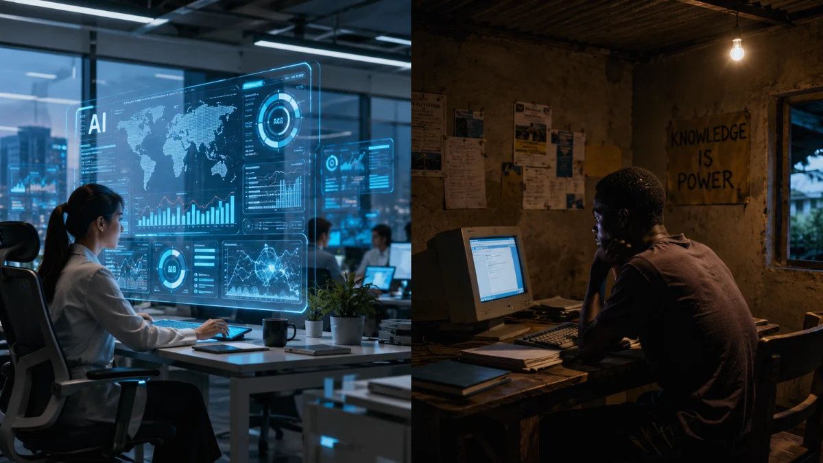 A split-screen illustration showing a high-tech modern office using advanced AI tools contrasted against an older, dimly lit workspace.