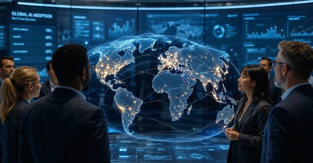 A high-tech global map visualization showing glowing digital connections across different continents, representing the worldwide adoption of artificial intelligence.