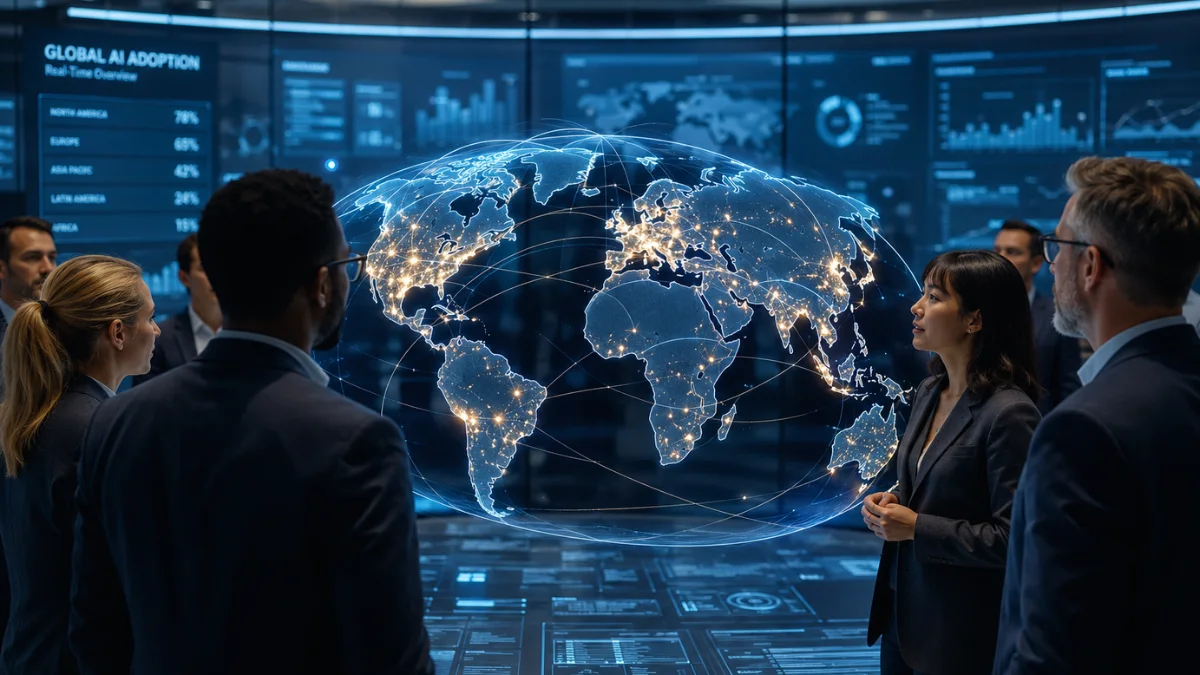 A high-tech global map visualization showing glowing digital connections across different continents, representing the worldwide adoption of artificial intelligence.