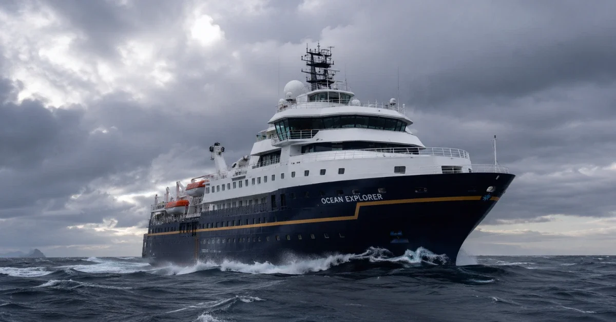 A large expedition cruise ship is navigating rough ocean waters under a cloudy sky.