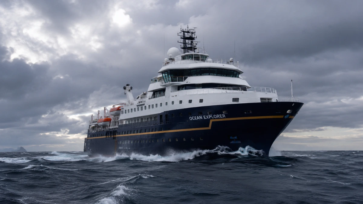 A large expedition cruise ship is navigating rough ocean waters under a cloudy sky.