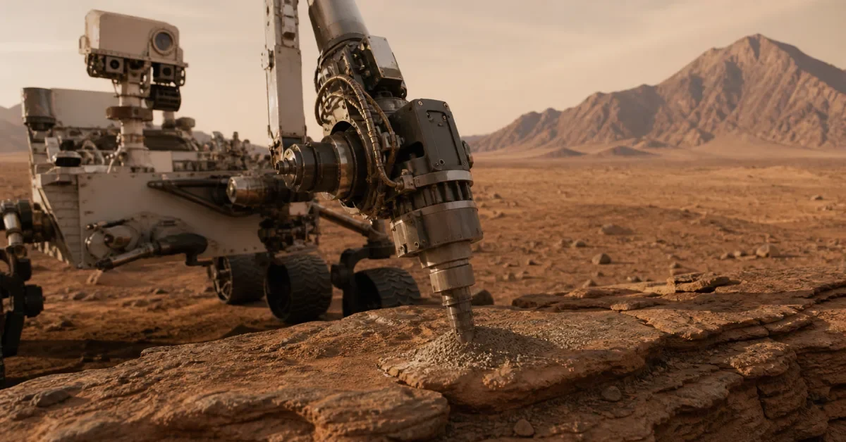 The NASA Curiosity rover is using its robotic arm to drill into a red sandstone rock on the dusty surface of Mars.