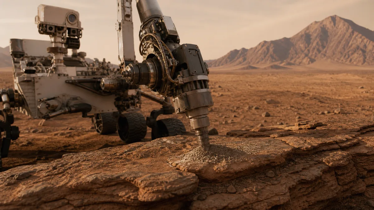 The NASA Curiosity rover is using its robotic arm to drill into a red sandstone rock on the dusty surface of Mars.