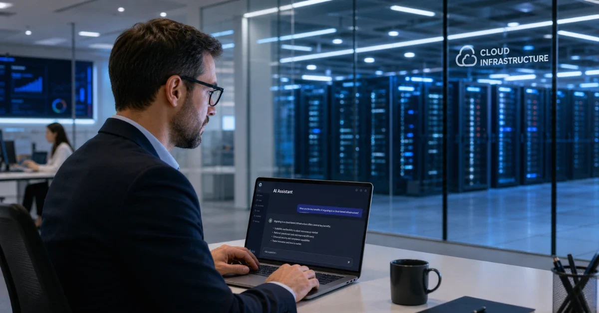 A business professional using an AI assistant on a laptop in a modern office with a data center visible in the background.