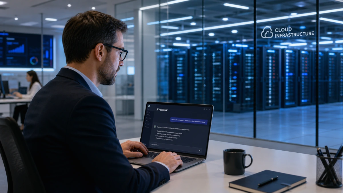 A business professional using an AI assistant on a laptop in a modern office with a data center visible in the background.