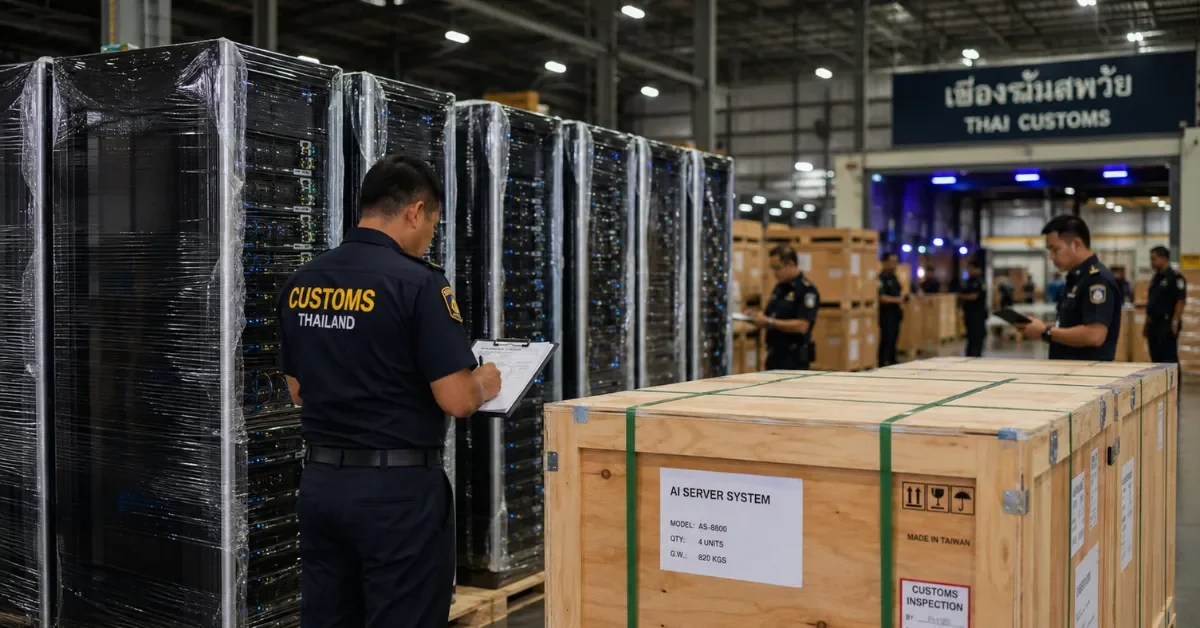 Hyper-realistic news-style image of AI server racks and shipping crates inside a logistics warehouse, representing an investigation into chip shipments through Thailand.