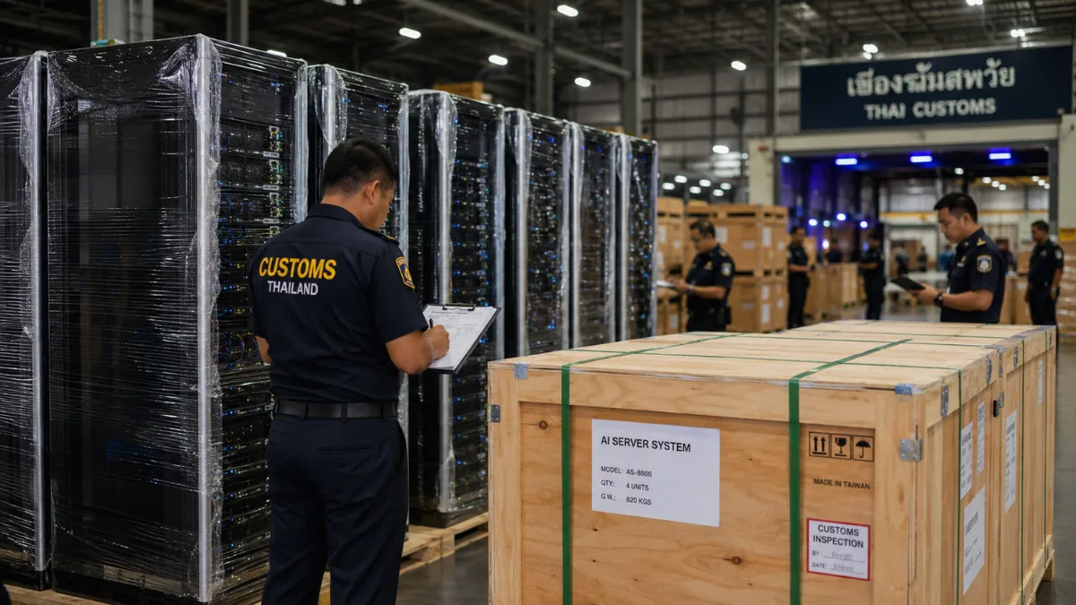 Hyper-realistic news-style image of AI server racks and shipping crates inside a logistics warehouse, representing an investigation into chip shipments through Thailand.