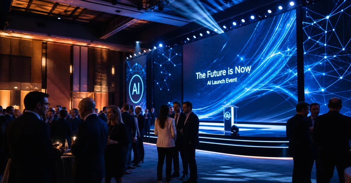 A sleek and modern stage at a corporate technology launch event with glowing digital displays.