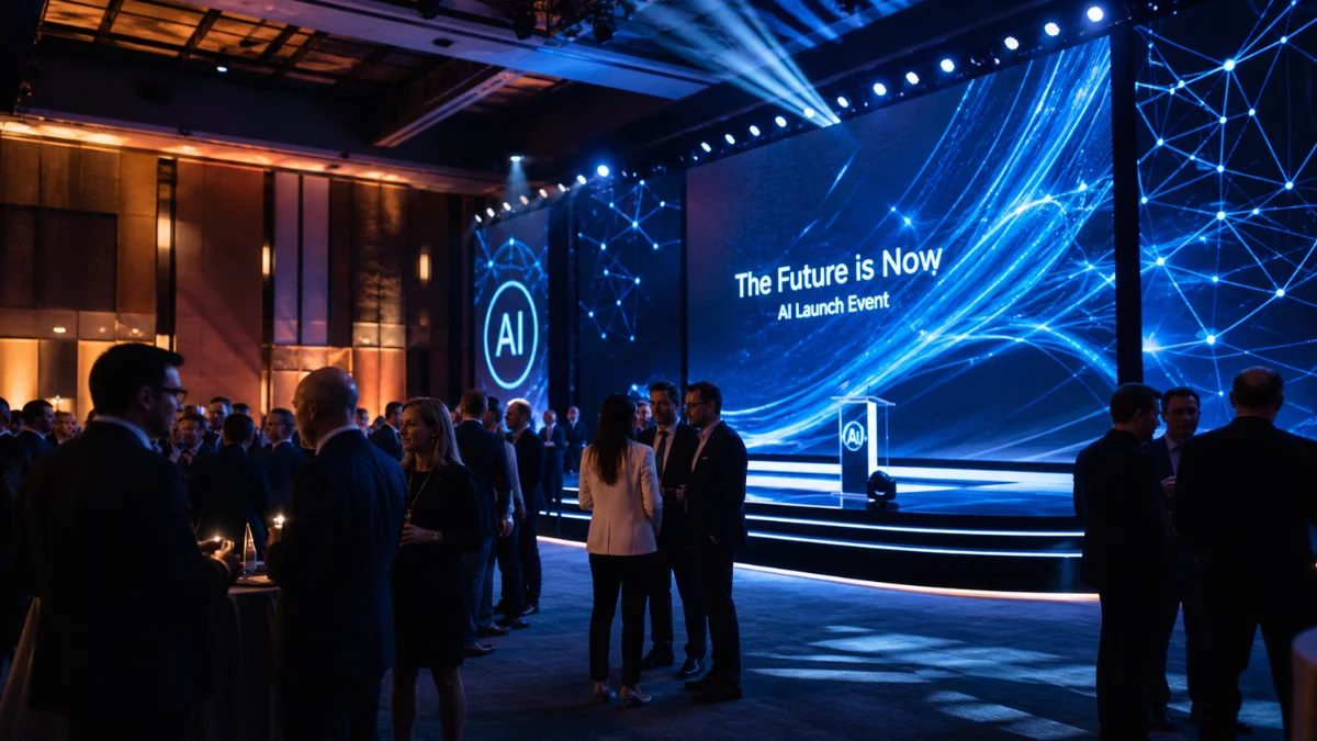 A sleek and modern stage at a corporate technology launch event with glowing digital displays.