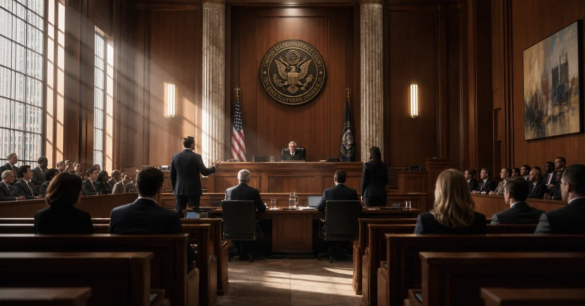 The interior of a modern federal courthouse with sunlight streaming onto wooden benches.