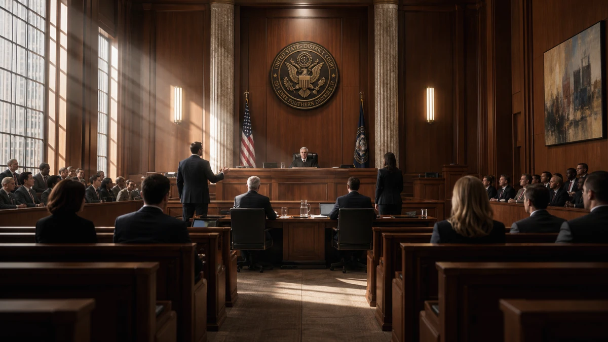 The interior of a modern federal courthouse with sunlight streaming onto wooden benches.