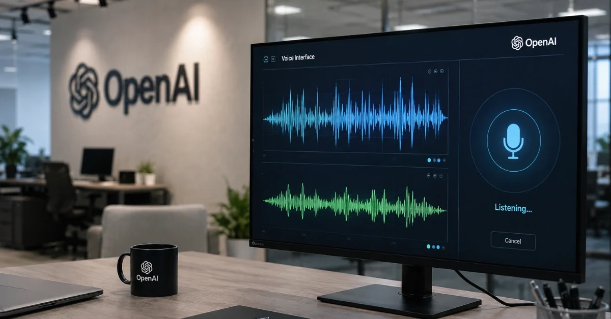 Wide news-style image showing an OpenAI office scene with screens displaying audio waveforms and voice technology graphics