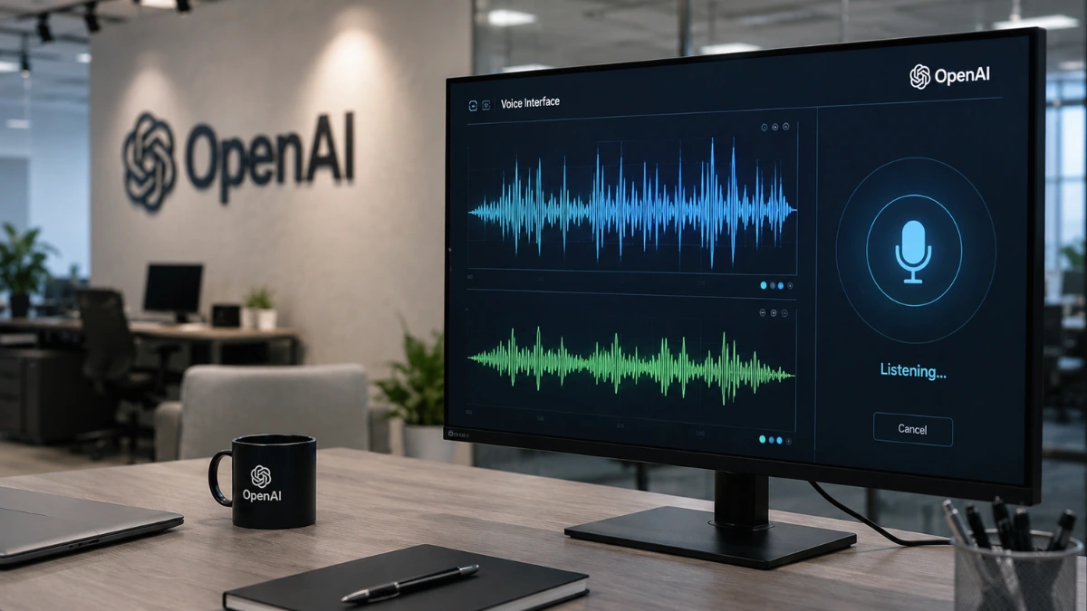Wide news-style image showing an OpenAI office scene with screens displaying audio waveforms and voice technology graphics
