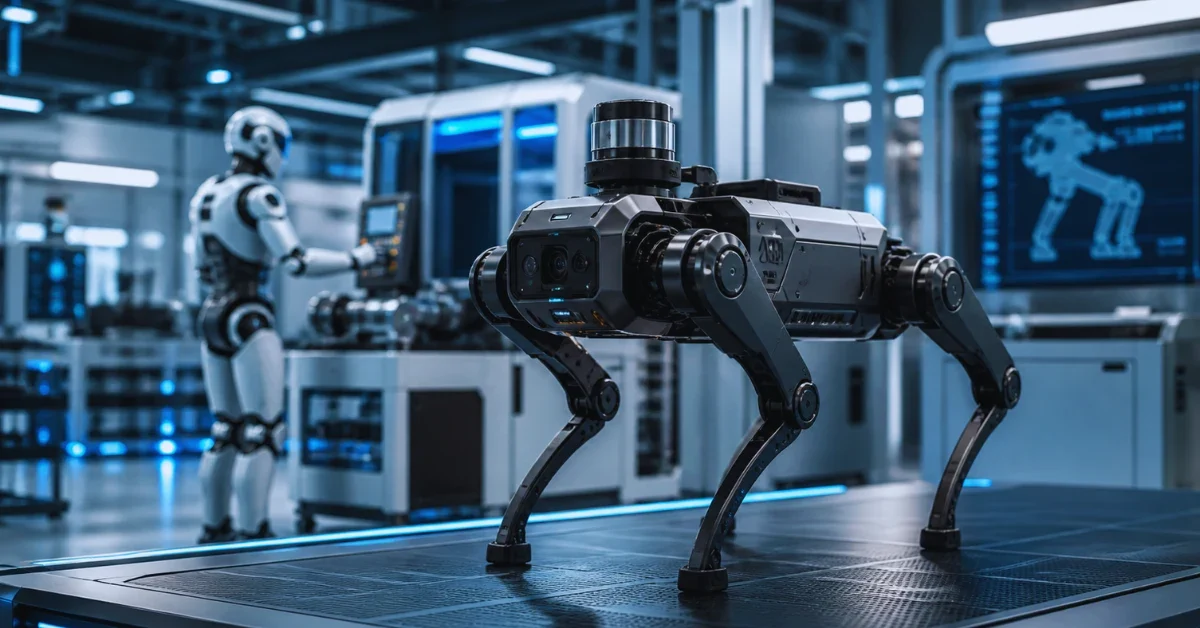 A sleek quadruped robot dog and a humanoid robot operating inside a modern, highly automated industrial facility.