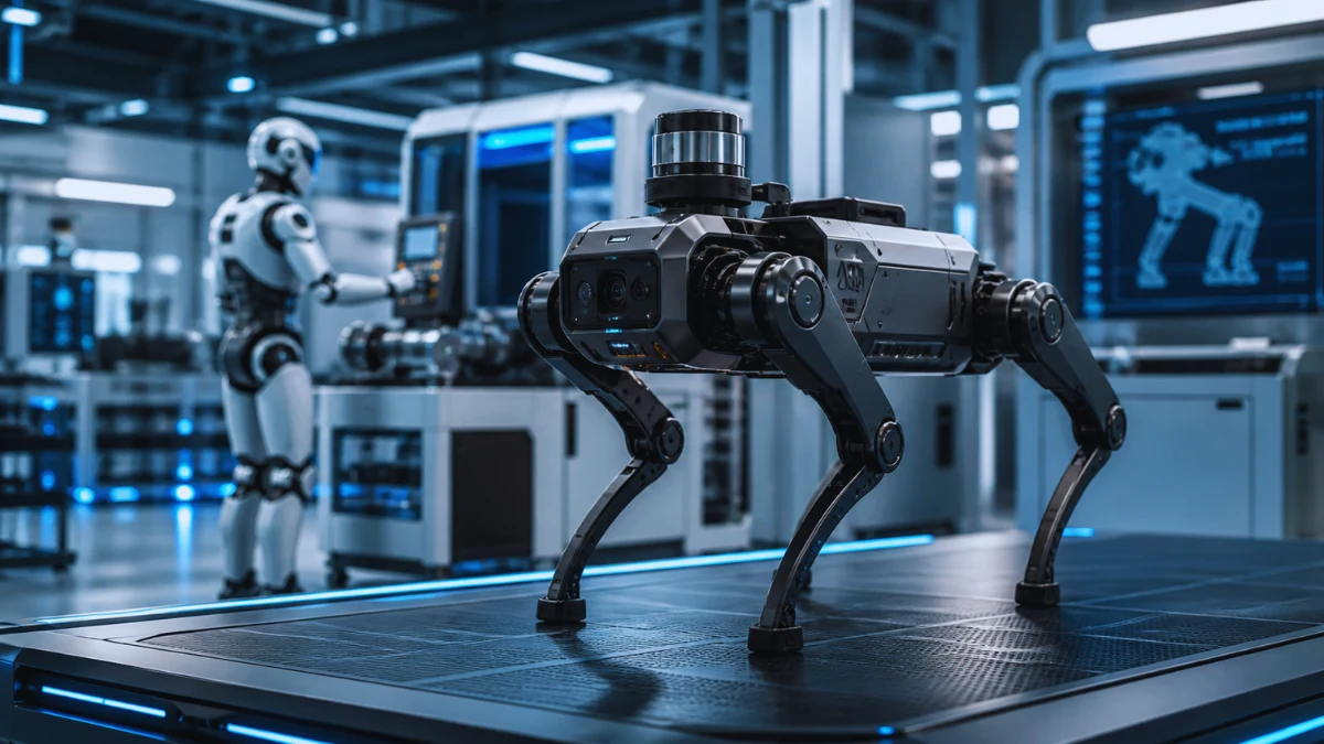 A sleek quadruped robot dog and a humanoid robot operating inside a modern, highly automated industrial facility.