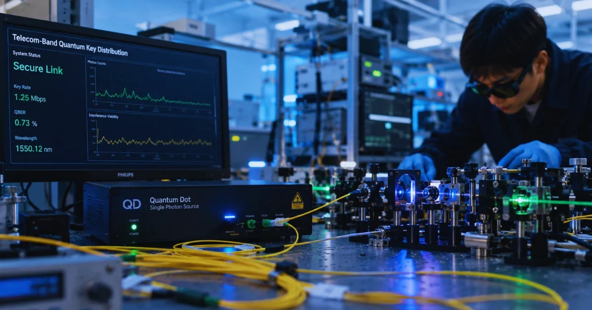 Header image of a quantum communication lab setup with fiber-optic equipment, a telecom quantum dot device, and interferometer components used for long-distance quantum key distribution.