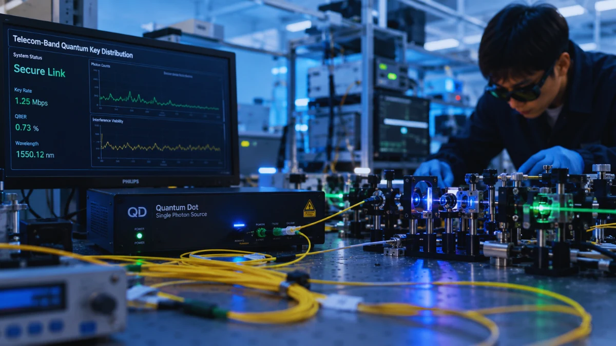 Header image of a quantum communication lab setup with fiber-optic equipment, a telecom quantum dot device, and interferometer components used for long-distance quantum key distribution.