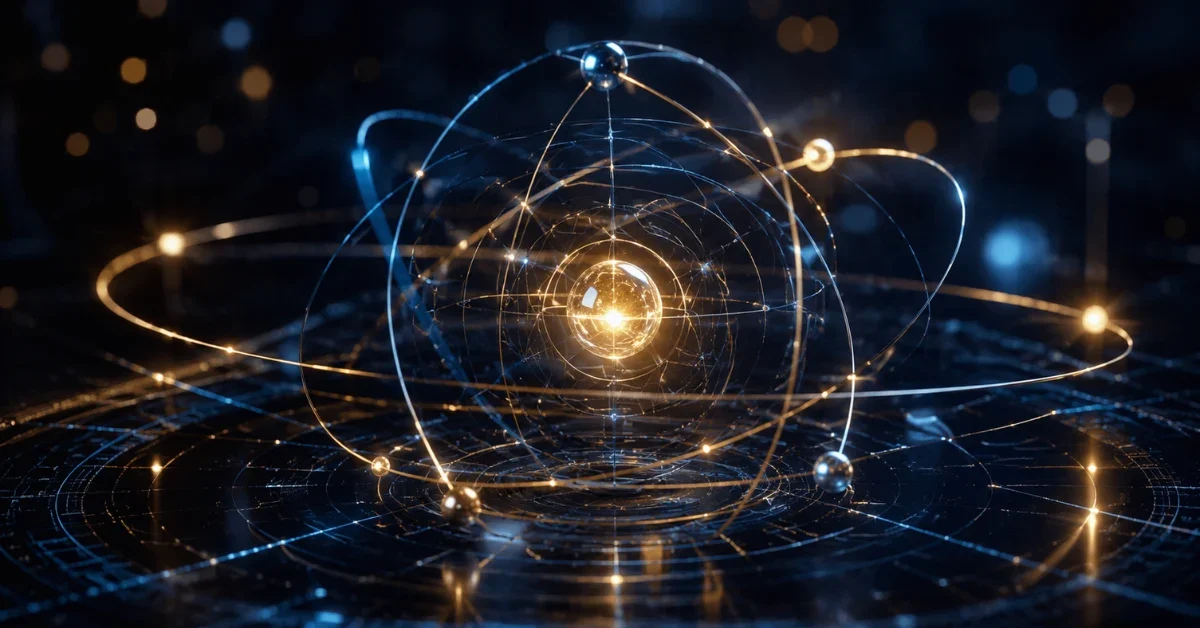 Abstract geometric representation of glowing quantum paraparticles interacting within a three-dimensional mathematical grid in deep blue and gold tones.