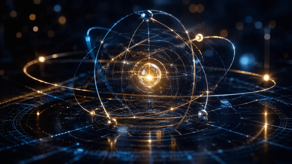 Abstract geometric representation of glowing quantum paraparticles interacting within a three-dimensional mathematical grid in deep blue and gold tones.