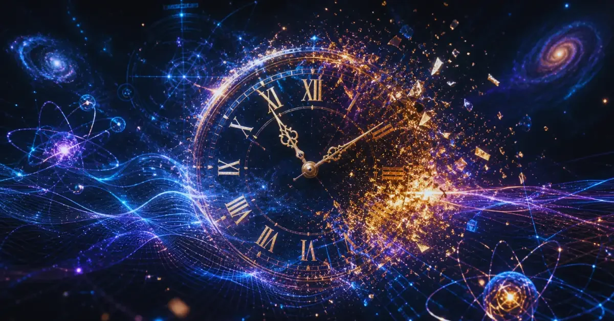 A glowing quantum clock fragmenting into light particles against a dark cosmic background with swirling entangled atoms and spacetime waves, representing quantum physics breakthroughs in time and the universe.