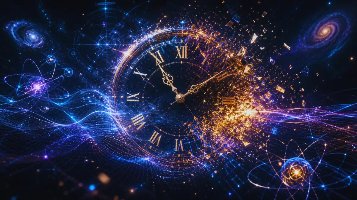 A glowing quantum clock fragmenting into light particles against a dark cosmic background with swirling entangled atoms and spacetime waves, representing quantum physics breakthroughs in time and the universe.
