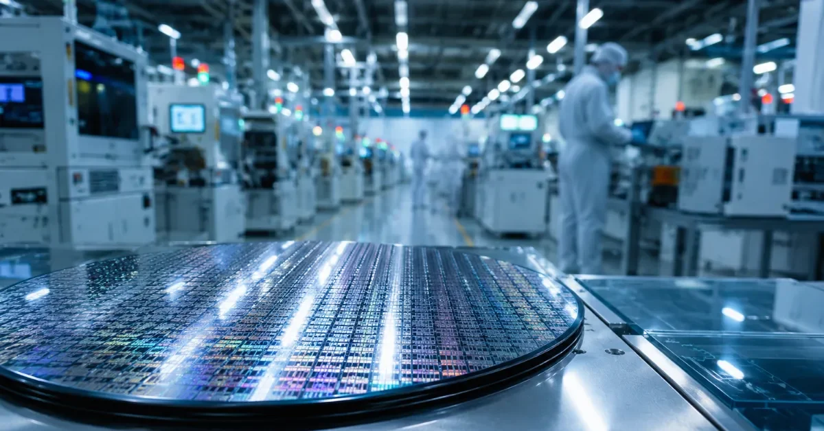 A polished silicon wafer rests on a surface inside a modern semiconductor manufacturing facility.