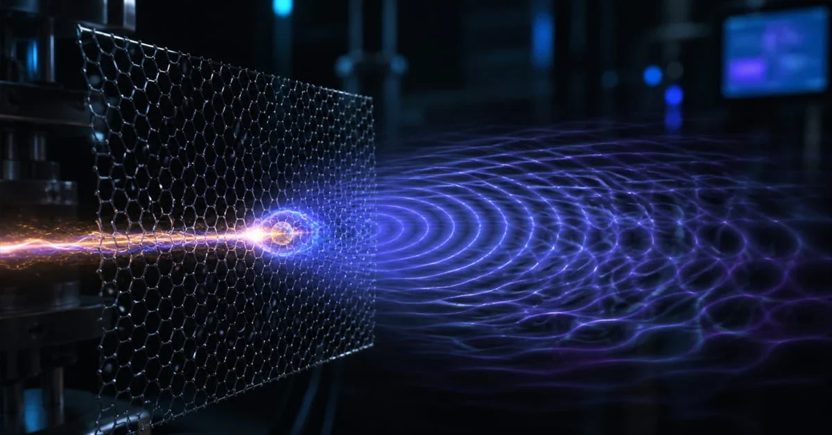 A glowing antimatter atom passing through a hexagonal graphene sheet and splitting into a quantum wave interference pattern in a high-tech laboratory setting.