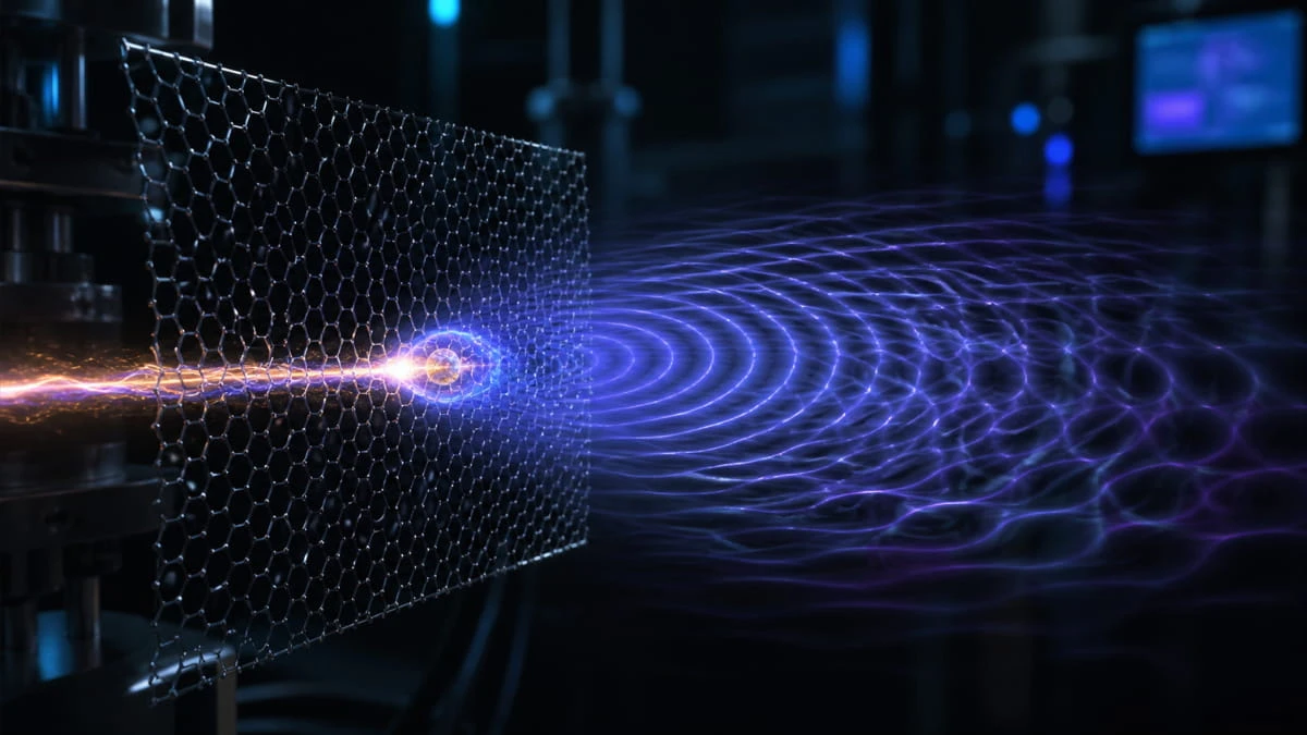 A glowing antimatter atom passing through a hexagonal graphene sheet and splitting into a quantum wave interference pattern in a high-tech laboratory setting.