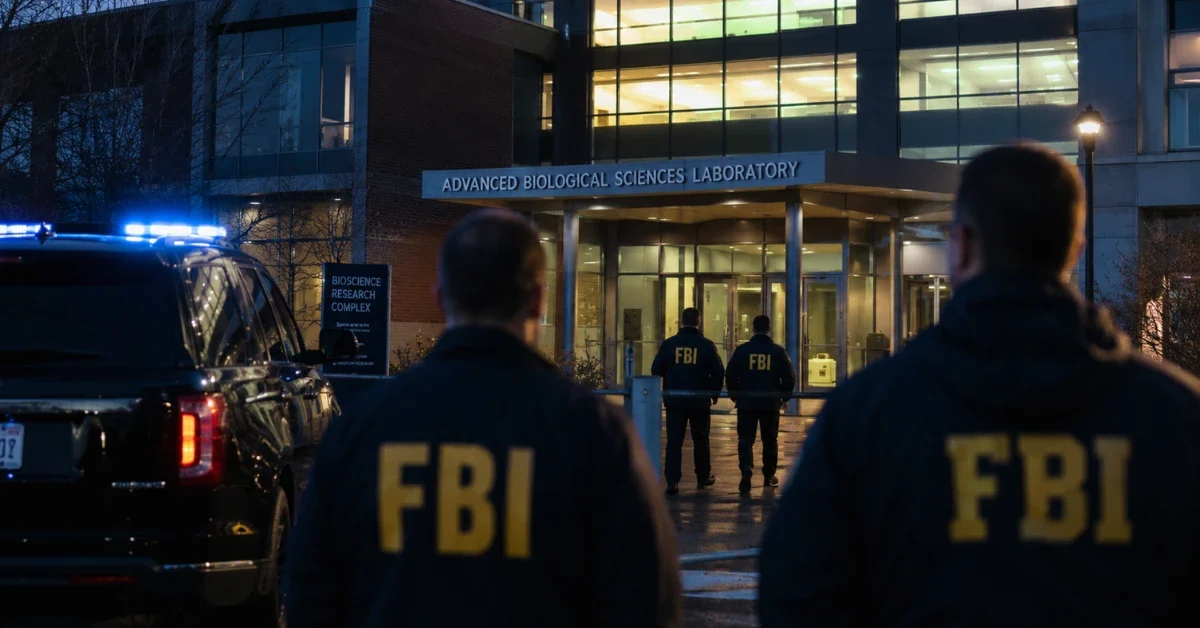 Federal agents standing outside a modern university biology laboratory building at dusk during an active investigation.